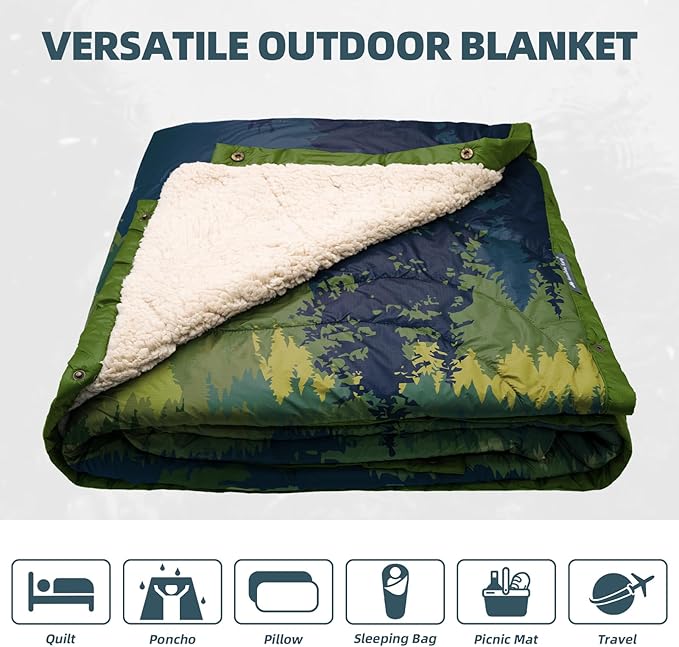 Outdoor Camping Blanket with Sherpa Lining, Extra Warm Thick Camp Blankets and Puffy Ultralight Soft Poncho DWR Camping Quilt for Cold Weather, Adventure, Sleeping, Backpacking 78"x 56"