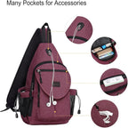 MOSISO Sling Backpack,Canvas Crossbody Hiking Daypack Bag with Anti-theft Pocket, Wine Red
