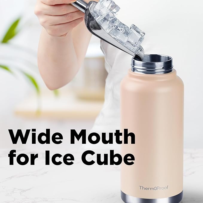 ThermoProof Double-Walled Vacuum Insulated Stainless Steel Water Bottle - Wide Mouth Canteen, Spout & Straw Lids, Dishwasher Safe, Reusable, Leakproof, Hot & Cold for Men, Women & Kids - 32oz, Taupe