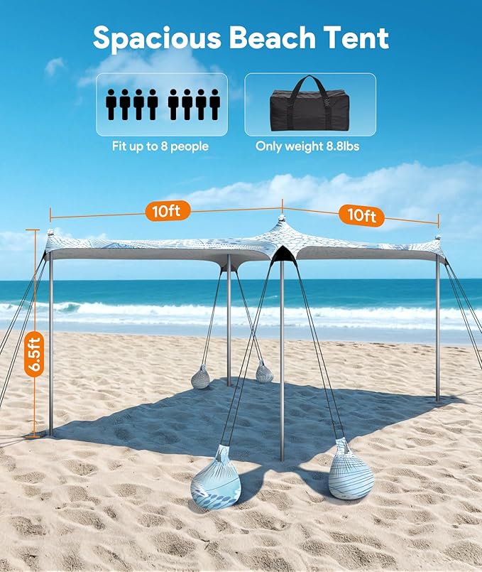Beach Tent Sun Shelter, 10 x 10 FT Beach Canopy Tent Sun Shade, UPF50+ Tents Canopy with 8 Sandbags & 4 Stability Poles, Outdoor Tents for Camping Fishing, Starfish