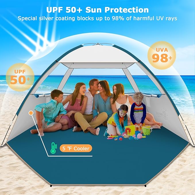 COMMOUDS Beach Tent Sun Shade for 3/4-5/6-7/8-10 Person, UPF 50+ Beach Sun Shelter Canopy Tent, Lightweight, Easy Set Up and Carry