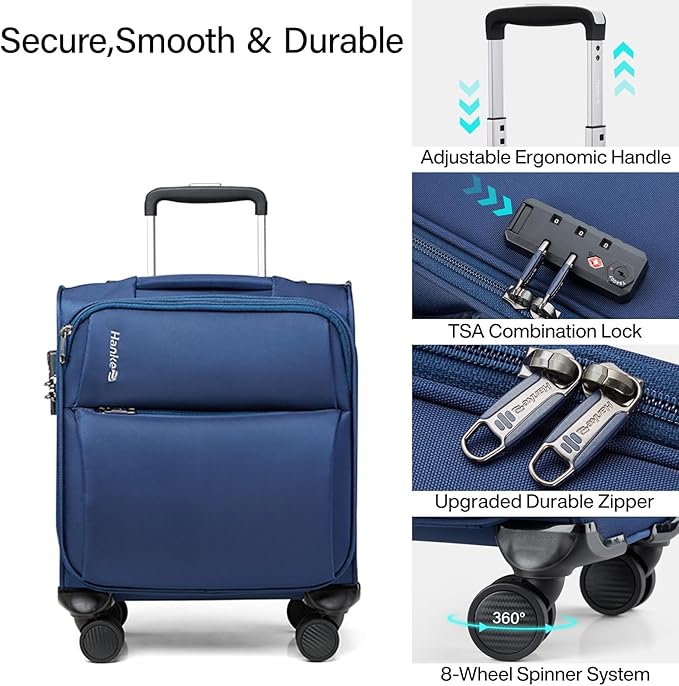 Hanke 16 Inch Underseat Carry On Luggage with Spinner Wheels Airline Approved, Small Rolling Suitcase Softside Underseater Lightweight TSA Travel Roller Suitcase Carry-On Bag(Blue)