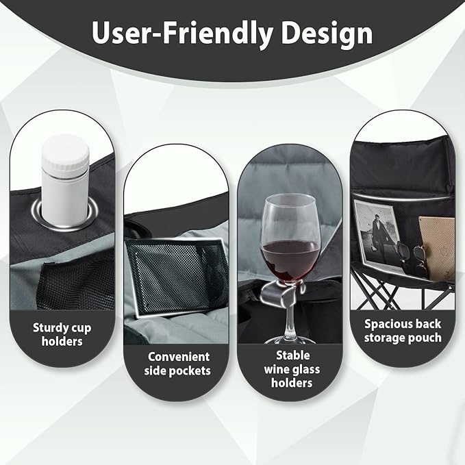 Oversized Camping Chair, Double Folding Loveseat Camping Couch with Pocket, Cup Holder and Carry Bag, Heavy Duty Portable Camping Chairs for Adults, Fishing, Sports, Trip, up to 660lbs, Black