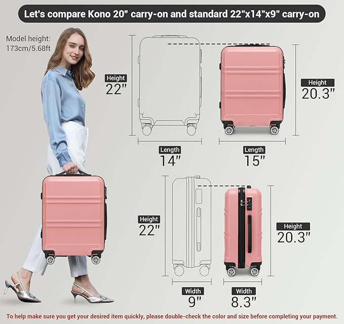 Kono 20'' Carry on Luggage Lightweight with Spinner Wheel TSA Lock Hardside Luggage Small Carry on Suitcase Nude/Rose Pink