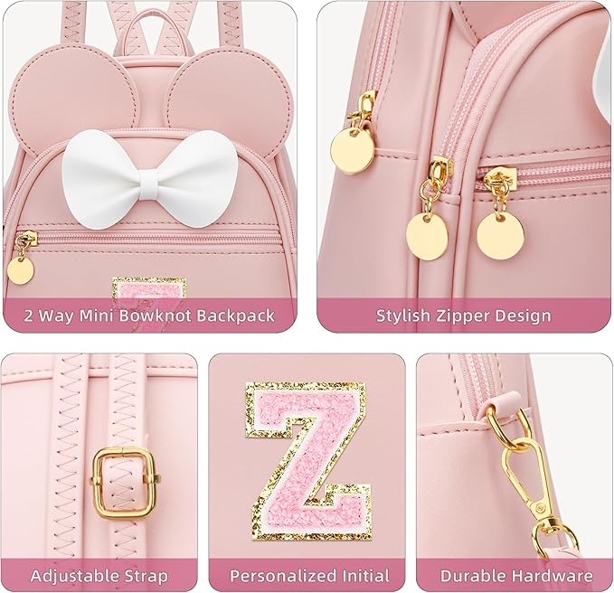 KKXIU Girls Initial Bowknot Cute Mini Backpack for Toddler, Travel Small Girl Backpacks, Personalized Birthday Gifts for Little Girls and Kids(Z, Pink)