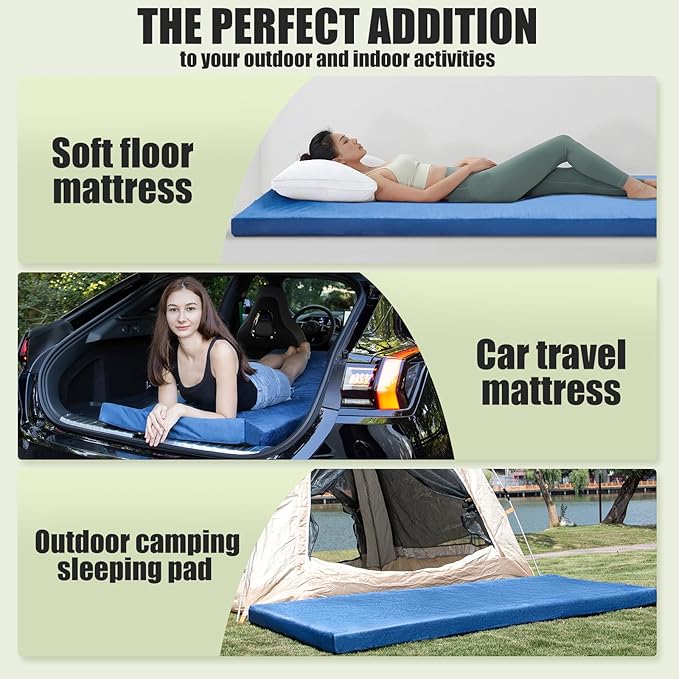 Sleeping Pad,3-inch Thick Memory Foam Camping Mattress,Portable Roll-Up Mat for Car/Tent/Floor/Cot/Travel,Comfortable Pad for Guests Sleepover