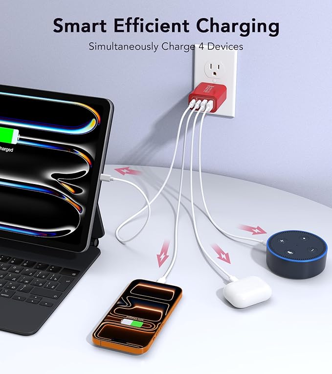 [2Pack] 40W USB C Wall Charger, Super Fast Charging Block PD+QC 4 Port Charger Cube for iPhone 17/16,iPad Pro/Mini/Air, iPod Nano, iPod Touch, Switch, Smart Phone, Smartwatches and Tablet(Red)