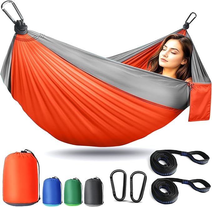 Camping Hammock Lightweight, Portable Hammocks Parachute Hammock with Two Tree Straps, Single or Double Travel Swing Nylon Camp Hammocks, Outdoor Essentials for Beach Backpacking Hiking, Orange