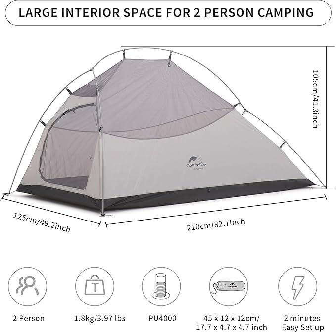 Naturehike Cloud-Up 2 Person Tent Lightweight Backpacking Tent with Footprint - Free Standing Ultralight Camping Hiking Backpack Tents Two Person Tent