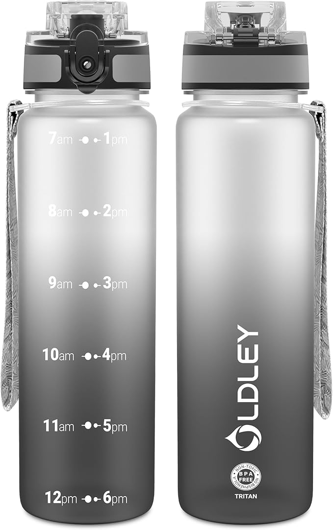 OLDLEY 32 oz Water Bottle, Motivational Water Bottle with Time Marker, Sports Water Bottle With Strap, Leakproof & BPA Free Large Water Bottles for School, Gym, Travel, Outdoor, Tritan,White&Black