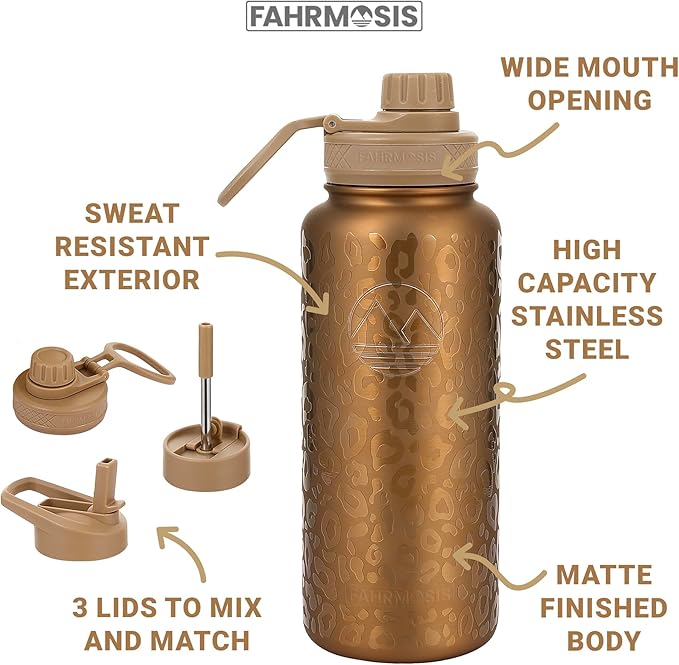 32 Oz Water Bottle with Straw Stainless Steel Sports Water Bottle with 3 Lids (Straw, Chug & Flip Lid) 1 Liter Leak Proof Insulated Metal Jug for Men & Women - Gold Leopard