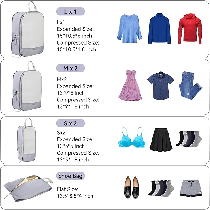 Voova 6 Set Compression Packing Cubes, Travel Accessories Expandable Packing Organizer Bags Set for Carry on Suitcase, Durable Luggage Packing Cubes for Travel Essentials,Grey