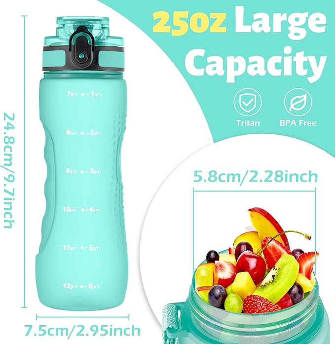 OLDLEY 25 oz Water Bottle, Motivational Water Bottle with Time Marker, Sports Water Bottle With Strap, Leakproof & BPA Free Large Water Bottles for School, Gym, Travel, Outdoor, Tritan,Green