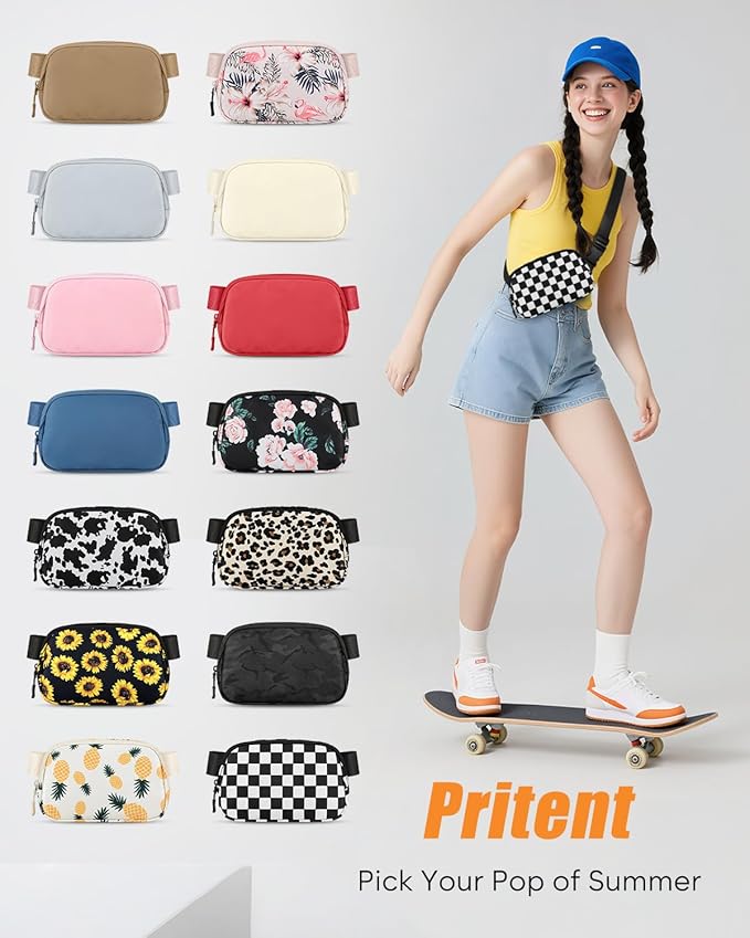 Pritent Fanny Packs for Women Cross Body Bag Waterproof Belt Bag with Adjustable Strap and Zipper Back Pocket Small Crossbody Bags Fashion Waist Packs for Workout Travelling(Checkered Black)
