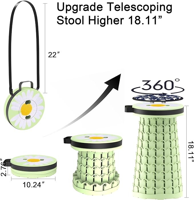 ALEVMOOM Upgraded Telescoping Collapsible Stool with Cushion, Folding Stool with Printing Portable Retractable Foldable Seat Max Load 600lbs for Adults Camping Fishing Outdoor