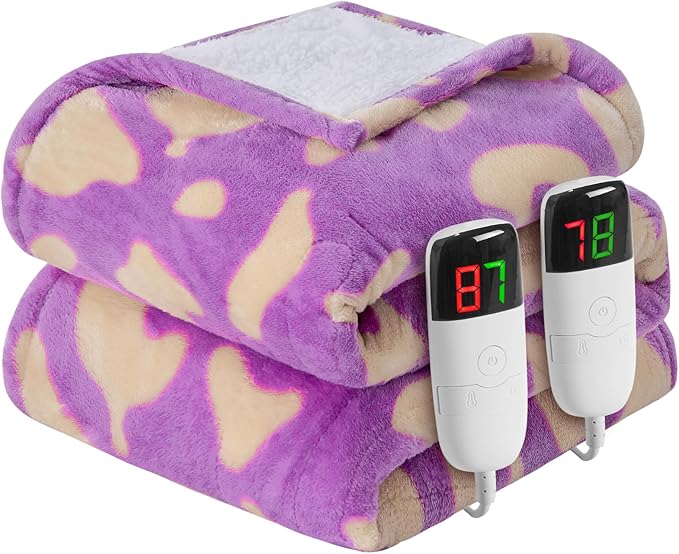 Leopard Print Electric Heated Blanket Queen Size,84X90 Purple Heating Blanket Queen With Dual Control&Timer&10 Heat Levels,Cute Leopard Fleece Sherpa Blankets Warmer Gifts for Bed Women Adults,ETL