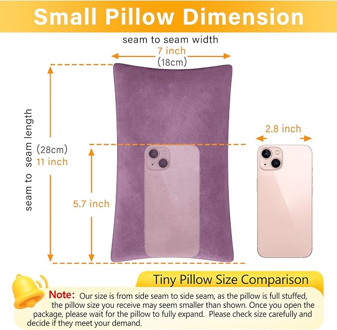 2 Pack Small Pillow, Memory Foam Mini Pillow 11 X 7 Inches for Travel, Sleeping, Nap and Neck, Knee, Lumbar Support, Tiny Cushion for Pet, Dogs (Dark Purple)