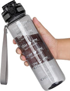 OLDLEY Water Bottle, 32oz Motivational Sports Water Bottle with Time Marker - Times to Drink - Tritan, BPA Free, Wide Mouth Leakproof,Smoke Grey (1 Bottle)