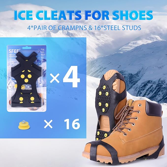Sfee Ice Cleats for Boots Shoes, Snow Grips Cleats for Ice and Snow Anti-Slip Rubber Traction Cleats for Walking on Snow and Ice 10 Steel Studs Crampons for Hiking, Walking, Climbing, Jogging