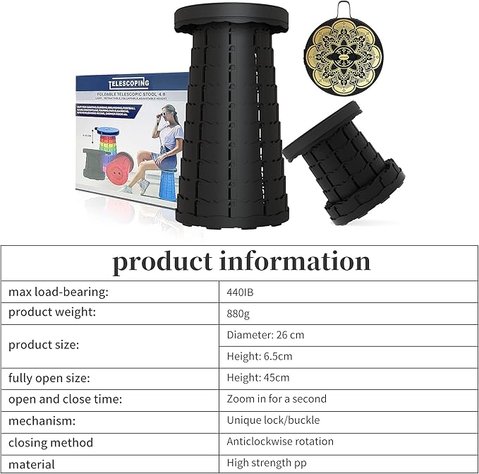 ALEVMOOM Upgraded Portable Collapsible Folding Stool Retractable Telescoping Stool for Adults Sturdy Capacity 440lbs Camping Chair for Outdoor Hiking Garden BBQ