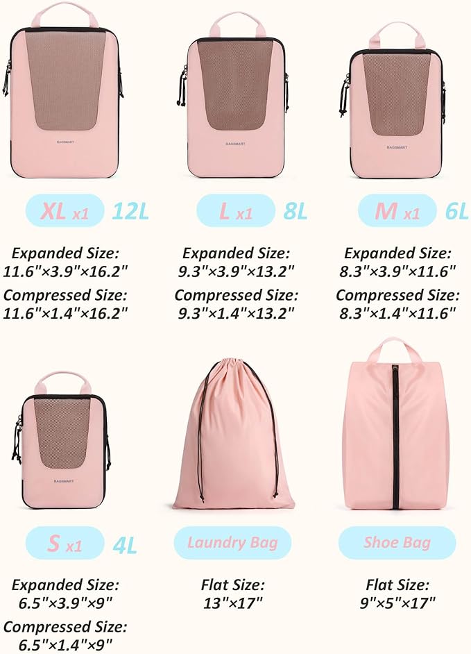 BAGSMART Compression Packing Cubes for Travel, 6 Set/5 Set/4 Set, Compression Suitcase Organizer Bags Set for Suitcases Travel Essentials, Lightweight Packing Organizers