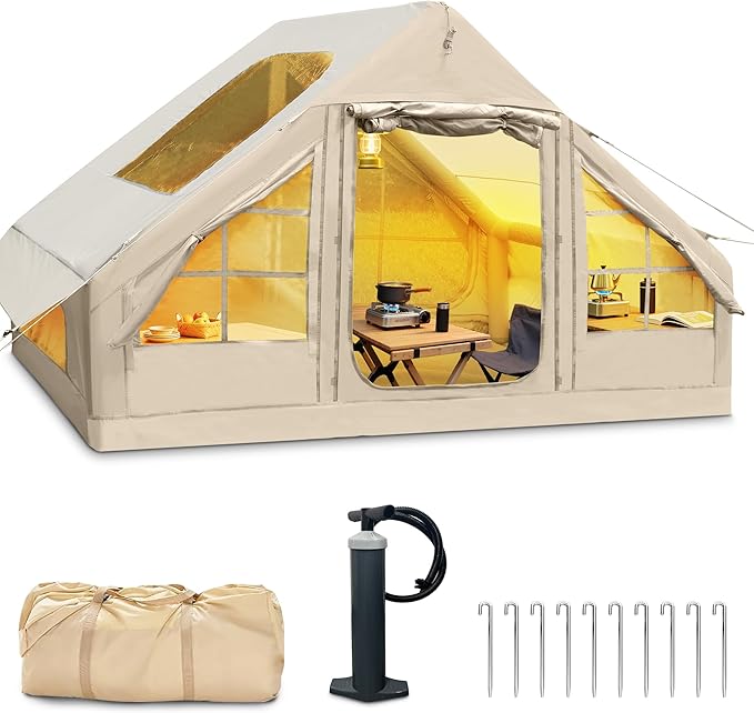 Outdoor Inflatable Camping Tent, 2/4/6/Person Glamping Inflatable Tents for Camping, Three Minutes Setup Tents,Beige Canvas with Mosquito-Proof Mesh Windows