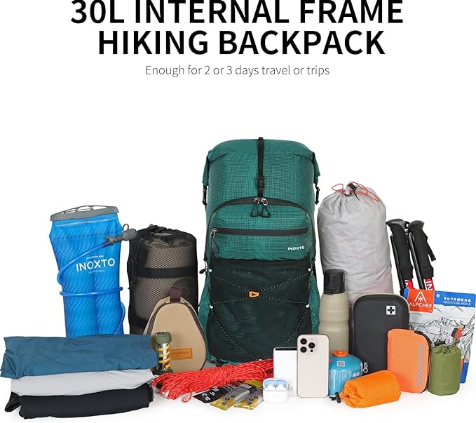 Hiking Backpack for Men and Women, 30L Waterproof Camping Backpack with 3L Water Bladder and Rain Cover, Lightweight Outdoor Sport Travel Daypack Rucksack for Climbing Cycling (Dark green)