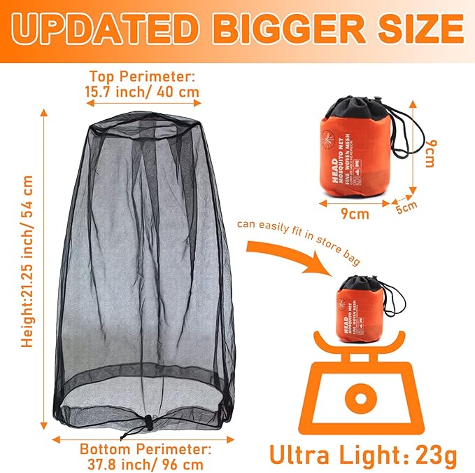 Benvo Mosquito Head Net Mesh, Face Neck Fly Netting Hood from Bugs Gnats Noseeums Screen Net for Any Outdoor Lover- with Carry Bags Fits Most Sizes of Hats Caps (2pcs, Black, Updated Big Net)