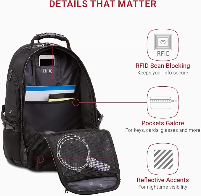 SwissGear 1900 ScanSmart 17” Laptop Backpack Black/Black – Reflective Tech Backpack with ScanSmart Compartment – Multiple Organizer Pockets & RFID Scan Blocking Technology