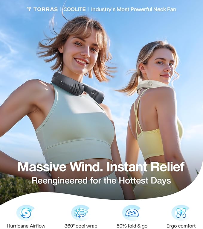 TORRAS COOLiTE Neck Fan, Industry’s Strongest Wind Power, Portable Neck Fan with 14H Battery, 360° Cooling Neck Fan, Lightweight & Foldable Neck Fans for Outdoor, Travel, Gifts for Dad, Women, Ivory