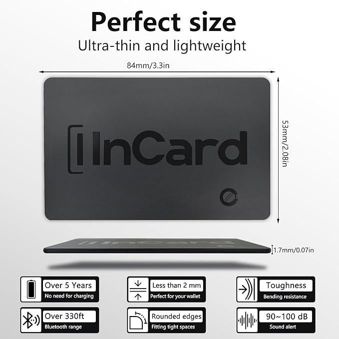 Wallet Tracker (Both iOS and Android) IP68 Bluetooth Smart Finder Card GPS Tracker for Bags Passport Works with Apple Find My (Apple MFi Certified) & Google Find My Device - Over 5 Year Battery Life