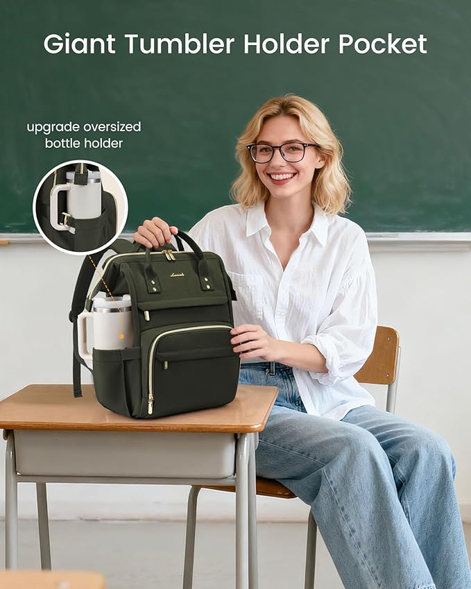 LOVEVOOK Laptop Backpack for Women with Giant Tumbler Holder Pocket,18 inch Waterproof Travel Backpack Purse Computer Laptop Bag,Professional Work College Nurse Teacher Backpack Daypack,Olive Green
