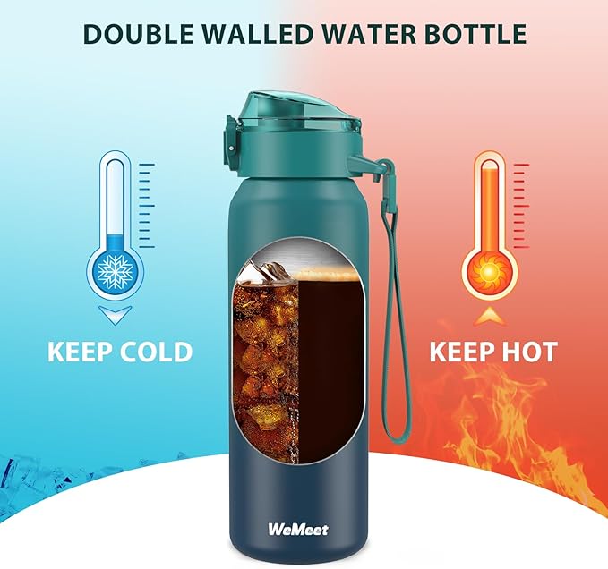 32oz Water Bottle with Removable Straw and Spout Lid Two Ways to Drink, 18/10 Stainless Steel Insulated Water Bottle, BPA-Free, Leak Proof, Double wall, for Sports, Gym