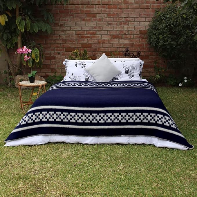 Thick Alpaca Wool Blanket Heavyweight Camping Outdoors Indoors Soft Peru King Size New Ethnic Design (Navy Blue/Ivory, King Size)
