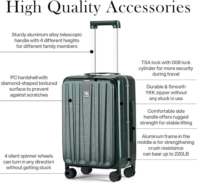 Hanke 20 Inch Carry On Luggage Aluminum Frame Front Opening Rolling Suitcase PC Hard Sided Luggage with Spinner Wheels Travel Luggage for Woman Men Gifts.(Dark Green)