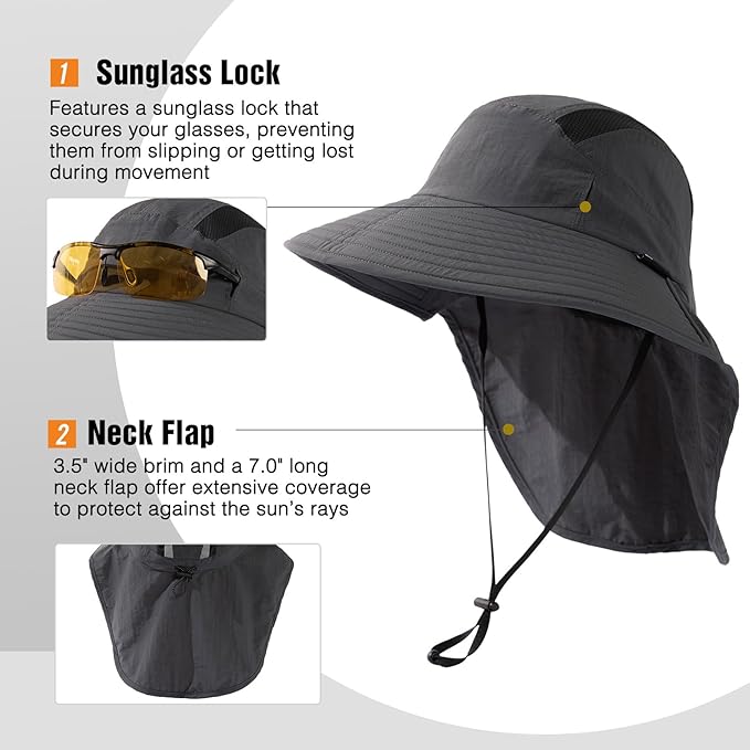 TOP-EX M/L/XL/XXL Unisex Mens Sun Hat with Neck Flap Sunglass Lock UPF 50 Wide Brim Fishing Hats Waterproof & Packable