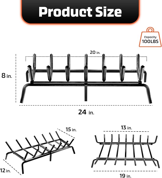 Idzo Cast Iron Fireplace Grate 24 inch, 3/4" Bar Fireplace Log Grate with Extra Leg for Sturdy Stand & Better Air Flow, Quick Assembly Fireplace Wood Grate for Indoor & Outdoor