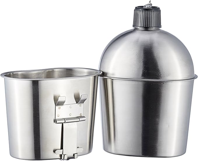 DARTMOOR G.I. Army Stainless Steel Canteen Military with Cup and Green Nylon Cover Waist Belt for Camping Hiking