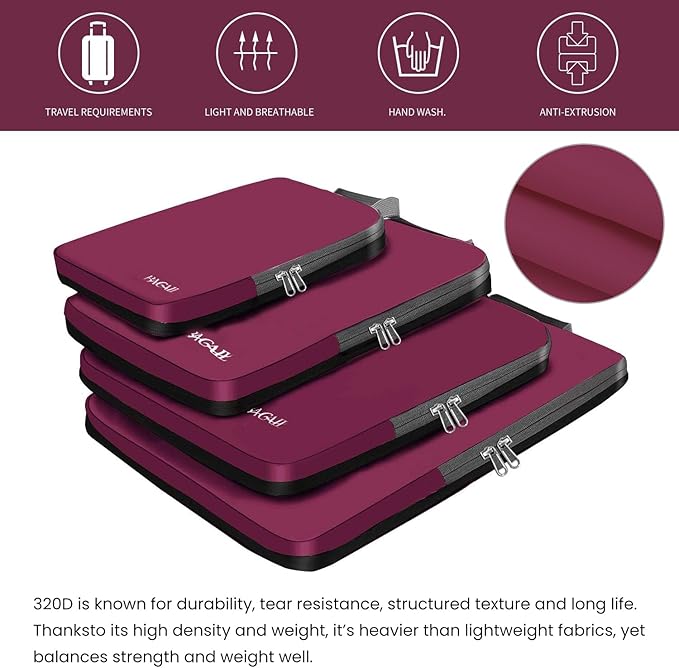 BAGAIL 4 Set/6 Set/8 Set Compression Packing Cubes Travel Accessories Expandable Packing Organizers (Cloth Pattern, 4-Burgundy)