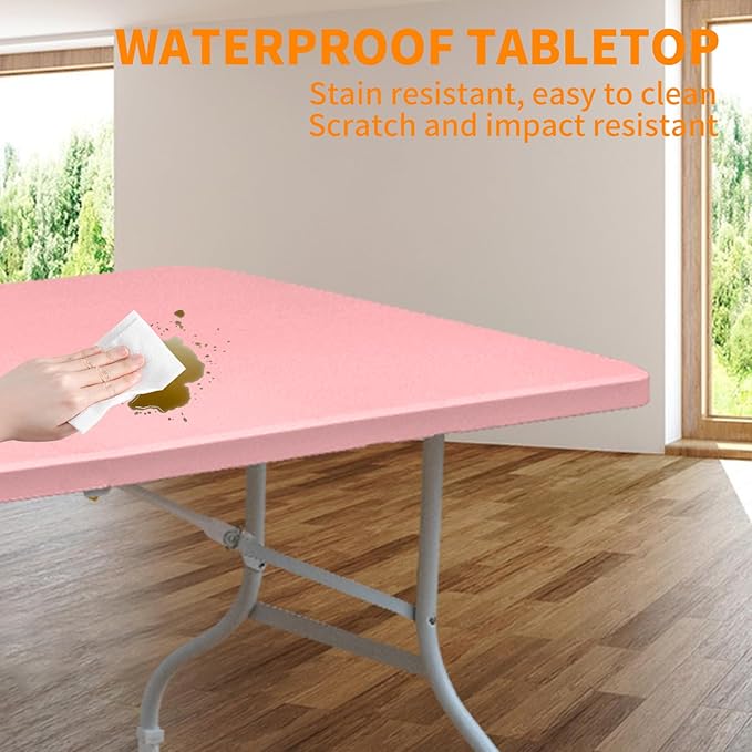 6 FT Folding Table with Carry Handle, Portable Fold-in-Half Plastic Table, Rectangle Foldable Table for Indoor/Outdoor Pink