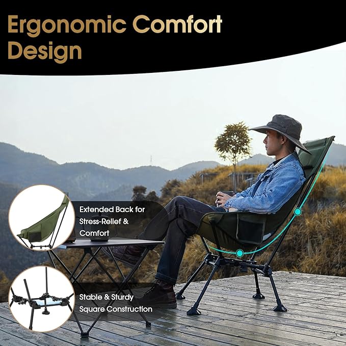 MOON LENCE High Back Folding Camping Chairs, Adjustable Height Beach Chair with Anti-Sinking Feet & Widened Seat (Green)