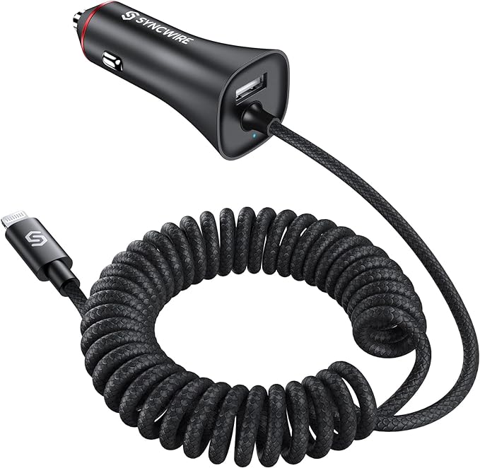 [Apple MFi Certified] Syncwire iPhone Car Charger 32W Super Fast Car Phone Charger Cigarette Lighter USB Car Adapter with Build-in 5FT Coiled Lightning Cable for Apple iPhone 14/13/12/11/XR/Max, iPad