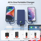 Portable Charger 13800mAh Slim USB C Power Bank with Built in Cables and Wall Plug,LCD Display Lightweight Travel Battery Pack,PD Fast Charging Compatible with iPhone 15,14,Samsung Android-Navy