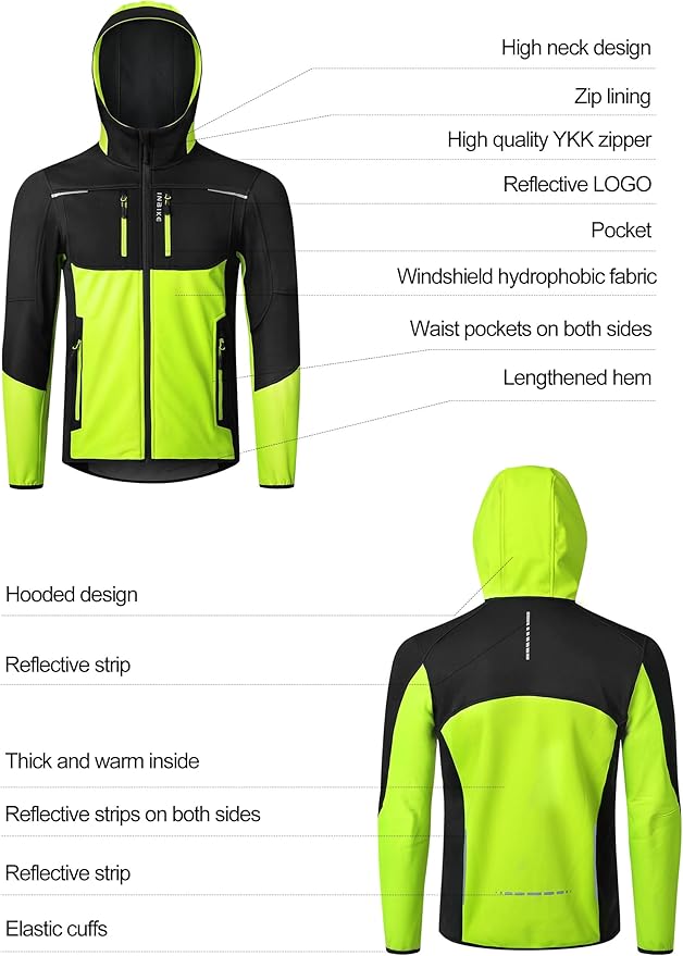 INBIKE Hooded Cycling Bike Jacket Men Running Biking Windbreaker Reflective Windproof Thermal Fleece Lined Bicycle Coat