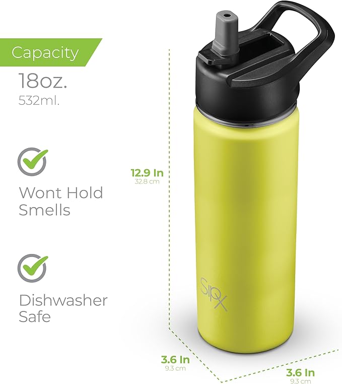 SipX™ Triple-Insulated Stainless Steel Water Bottle 18oz. With 3 Lids, BPA-Free Reusable Insulated Water Bottle Keeps Cold 24 Hours, (Yellow)