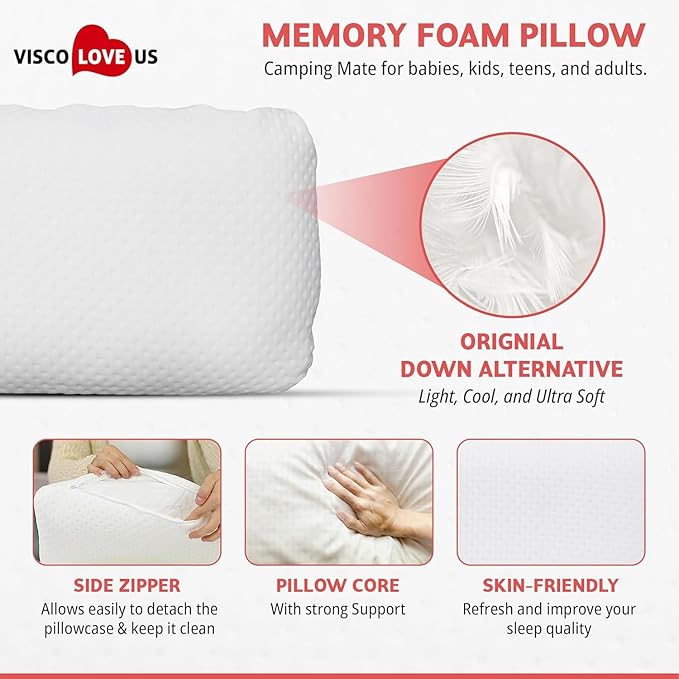 Travel & Camping Pillow - Comfortable Memory Foam Travel Small Pillow - Backpacking Pillow Easy to Carry Portable Bag Ideal for Airplane & Car Travel Pillows (White)