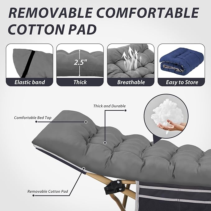 Folding Camping Cot for Sleeping, Portable Cots for Adults, Heavy Duty Cot Bed 550LBS(Max Load), Extra Wider Cots with Large Pocket for Outdoor, Office, Beach