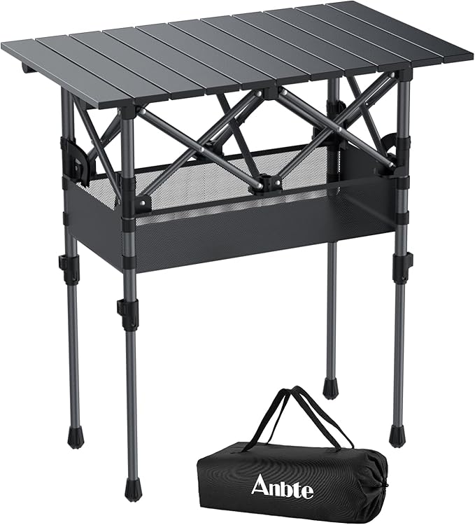 2ft Roll Up Camping Table, 2 Adjustable Heights Aluminum Folding Camping Table with Storage Net and Bag, Waterproof, Lightweight Outdoor Table 25” X 16”, for Outdoor Travel BBQ Picnic, Black