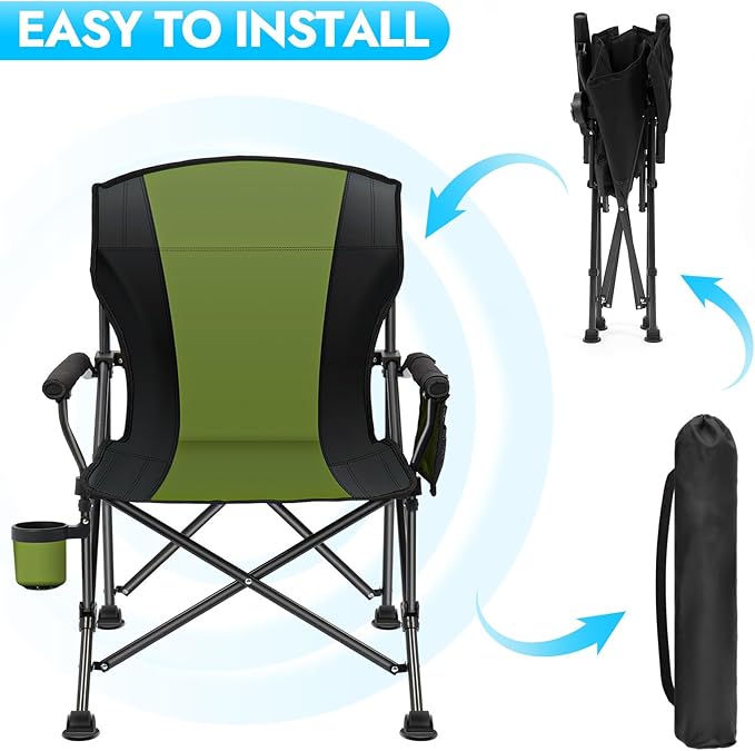 Oversized Folding Camping Chair for Adults, Supports 450 LBS Camping Chairs, Heavy Duty Camping Chair with Side Pockets, Foldable Outdoor Chair for Camping, Beach, Fishing, Hiking, Green-Black