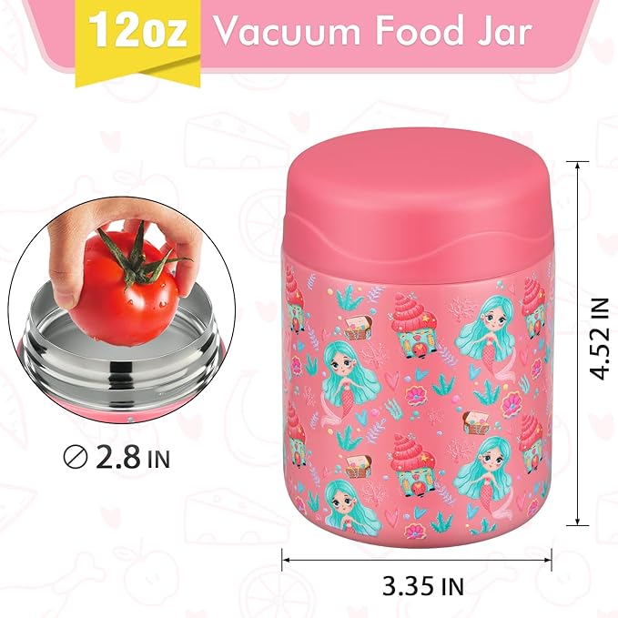 12oz Soup Thermo for Hot Food Kids Insulated Food Jar Wide Mouth Lunch Container Leak Proof Stainless Steel Vacuum Bento Box for School Office Travel Outdoors Pink-Mermaid